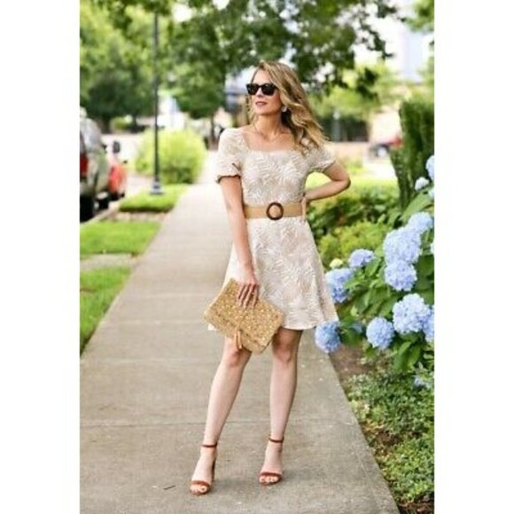 Loft Women's Dress 6 Mini Palm Tree Print Tan Short Sleeve Square Neck New - Picture 11 of 11